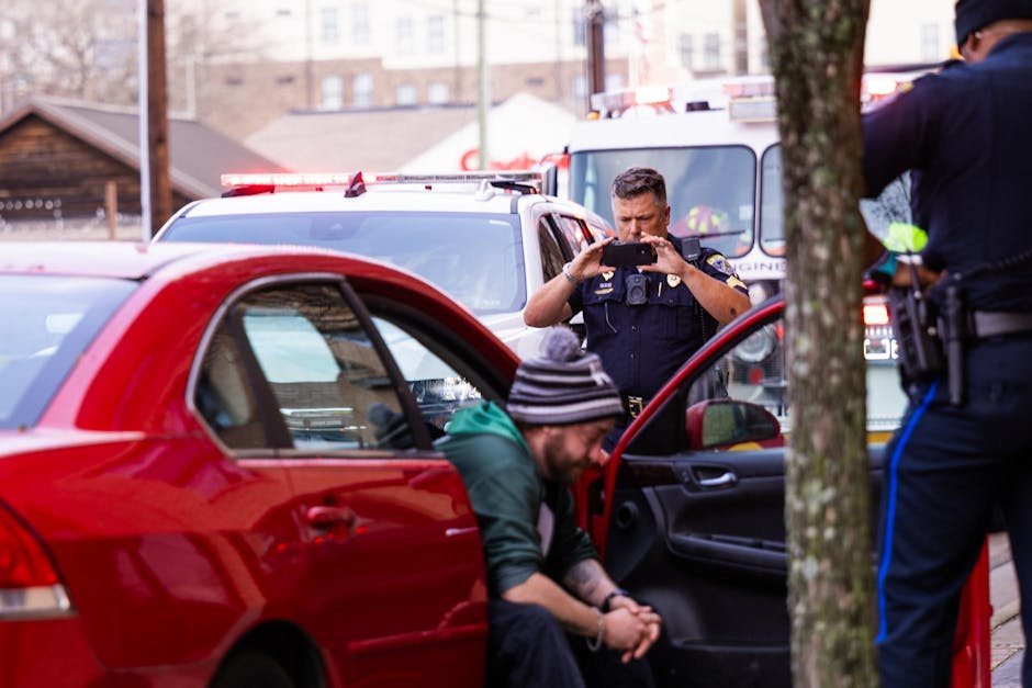 A police officer takes a photo while another officer stands nearby and a man sits in a red car.