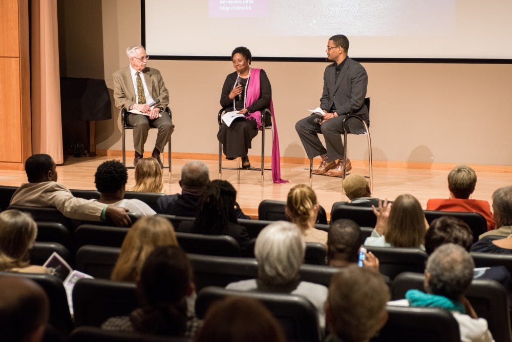 Dr. Wayne Flint, Joan Harrell, and Rev. Dr. Otis Moss speak at the Becoming the Beloved Community event at the Jule Collins Smith Museum of Fine Art in Auburn, Ala., on Thursday, April 5, 2018.