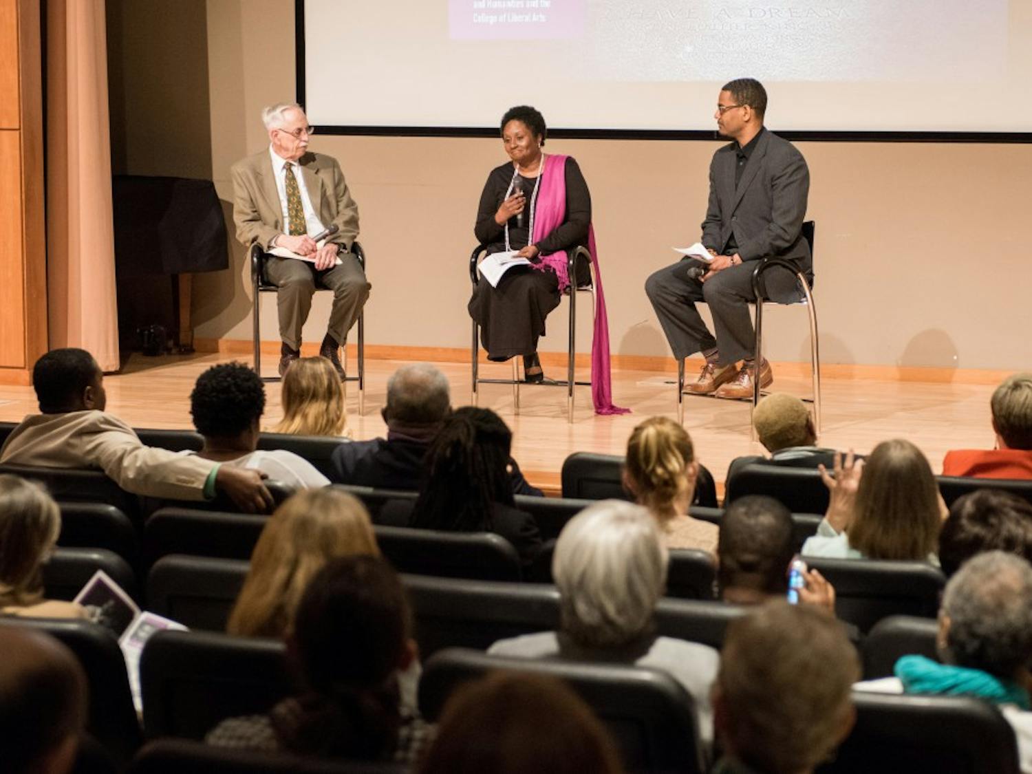 Dr. Wayne Flint, Joan Harrell, and Rev. Dr. Otis Moss speak at the Becoming the Beloved Community event at the Jule Collins Smith Museum of Fine Art in Auburn, Ala., on Thursday, April 5, 2018.