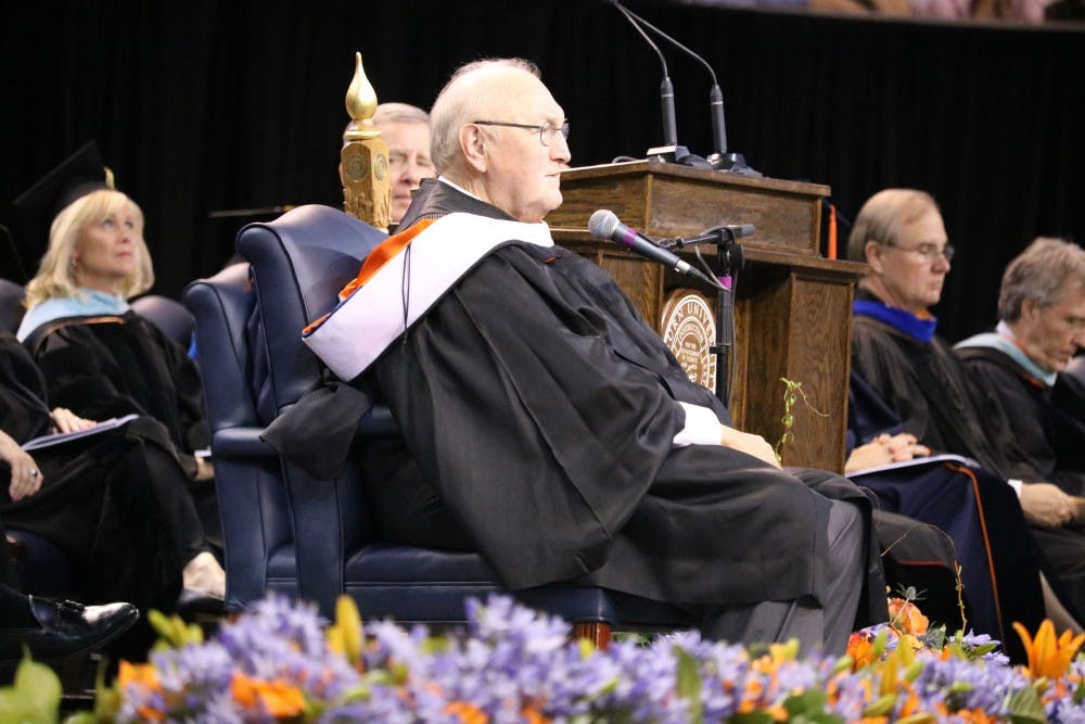 <p>David Housel, former Auburn University athletic director, delivers a charge to the graduates during Auburn University's Commencement Ceremony on Sunday, May 7, 2017 in Auburn, Ala.</p>