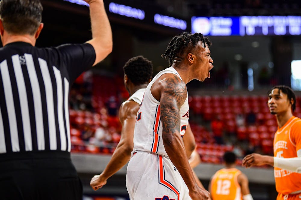 <p>Auburn Tigers guard Allen Flanigan (22) reacts after a play during the game between Auburn and Tennessee at Auburn Arena on Feb 27, 2021; Auburn, AL, USA. Photo via: Shanna Lockwood/AU Athletics</p>