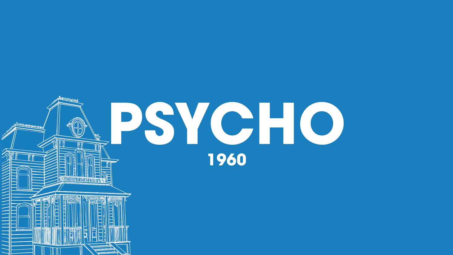 Movie title, year, and hotel building on a blue background.