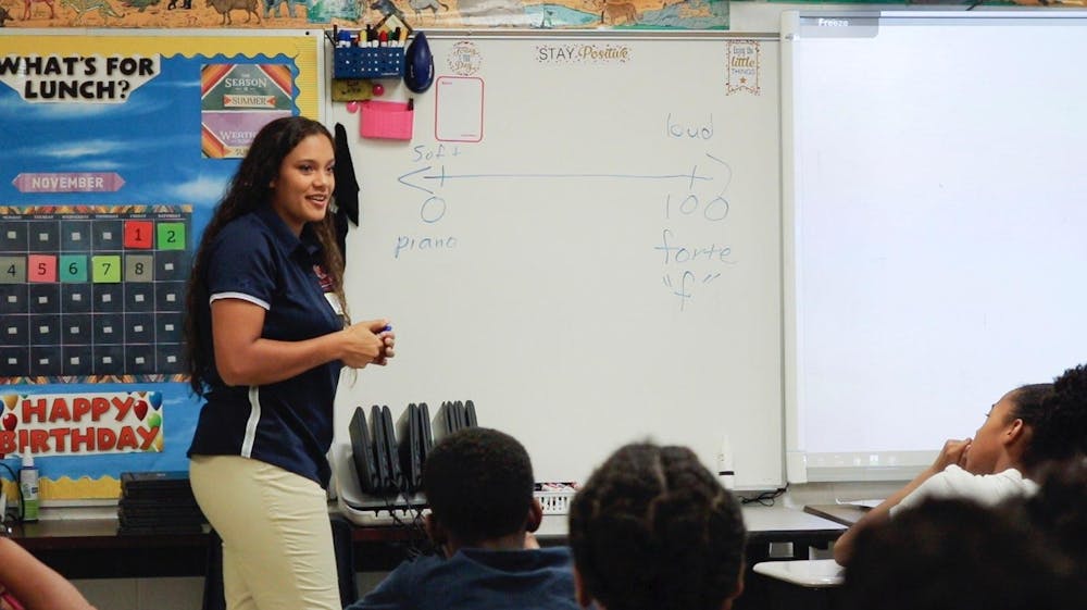 <p>Brianna Jarvis, sophomore in music education, teaches a lesson on dynamics to a class.</p>
