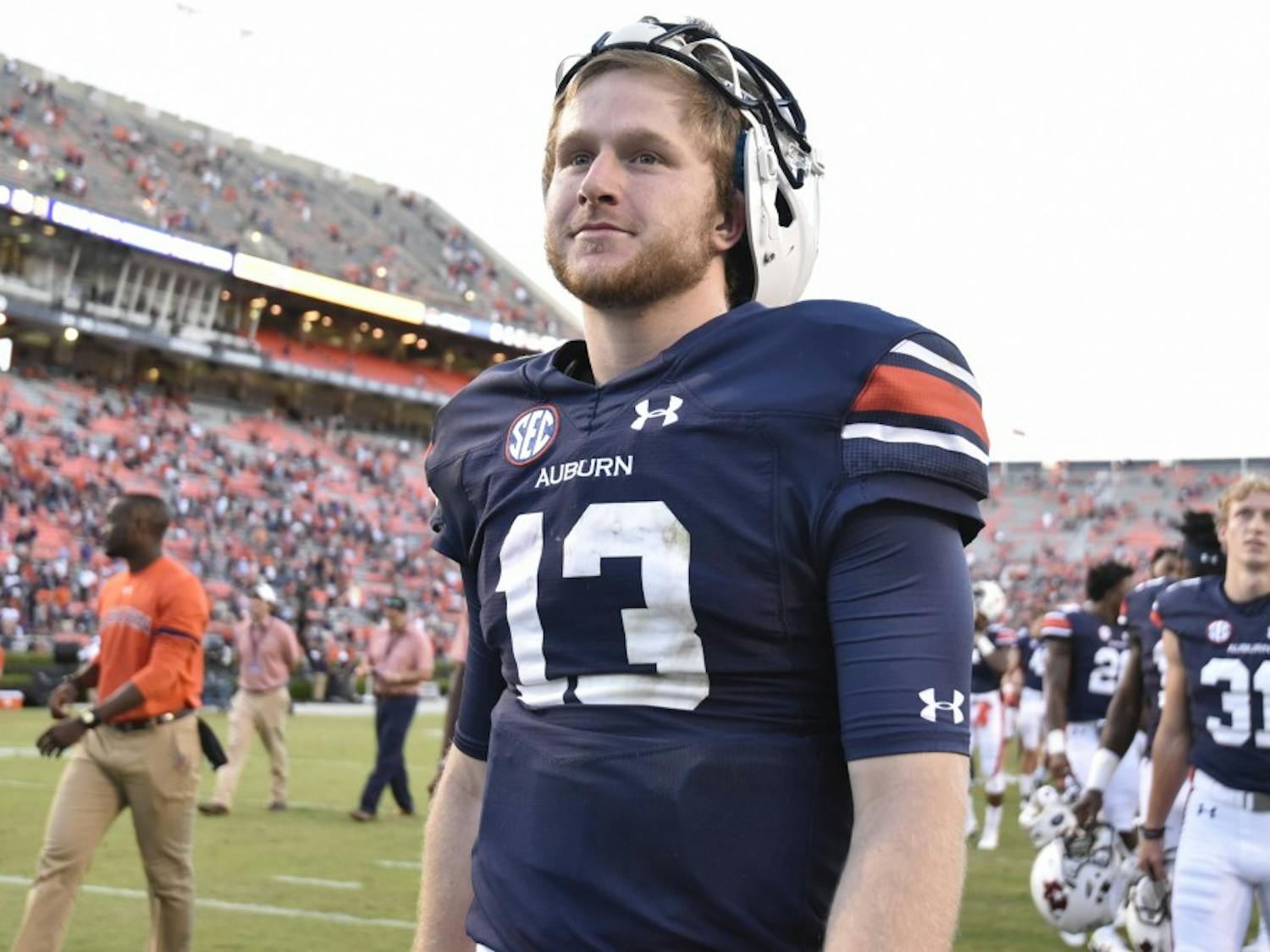 Sean White (13) walks off the field after Auburn's 58 to 7 victory over ULM, Saturday, Oct. 1, 2016, in Auburn, Ala.