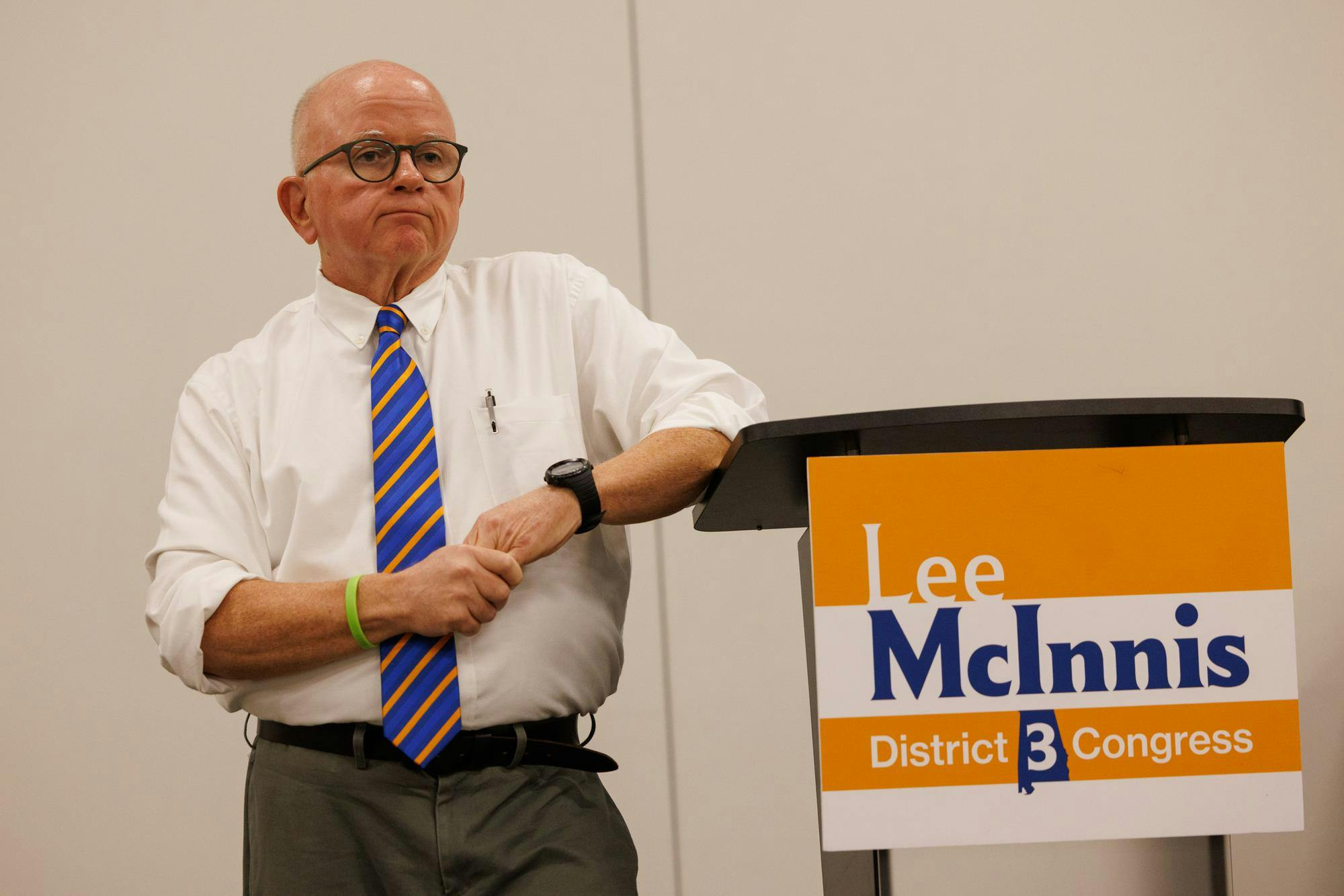 Congressional candidate Lee McInnis speaks with potential voters in Opelika, Alabama on Nov. 19, 2025.