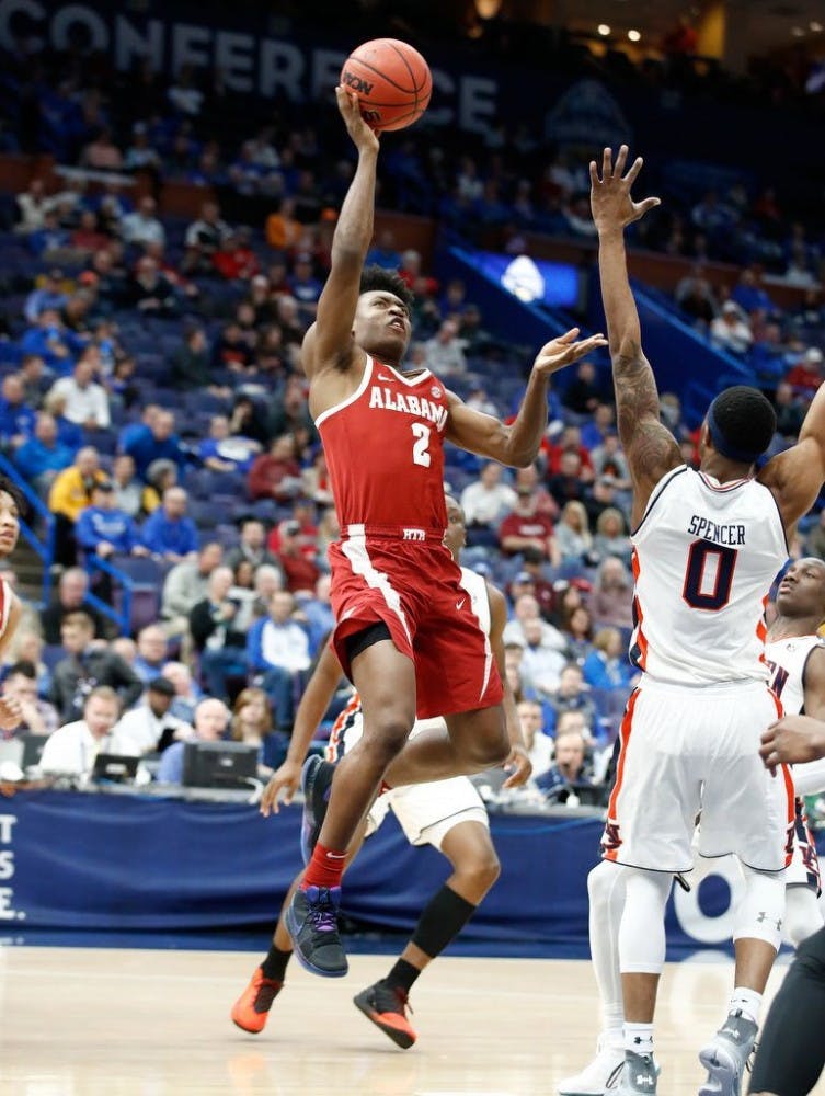 Collin Sexton #2 of the Alabama Crimson Tide shoots the ball against the Auburn Tigers during the quarterfinals round of the 2018 SEC Basketball Tournament at Scottrade Center on March 9, 2018 in St Louis, Missouri. (Photo by Andy Lyons/Getty Images)