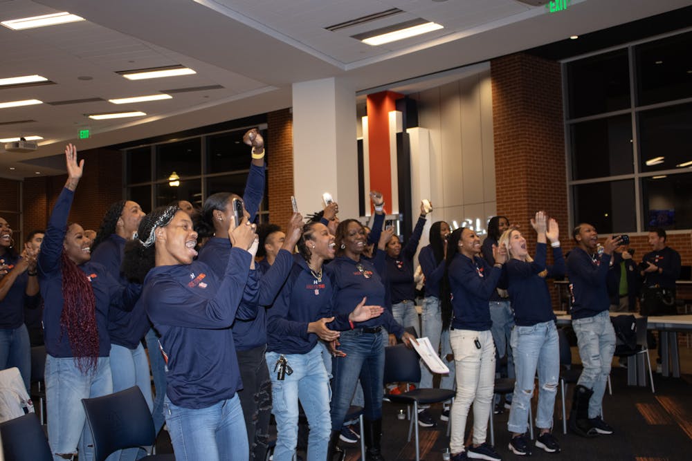 The Auburn Women's Basketball team celebrates their placement into the NCAA tournament at the watch party in the Harbert Recruiting Center on March 17, 2024.