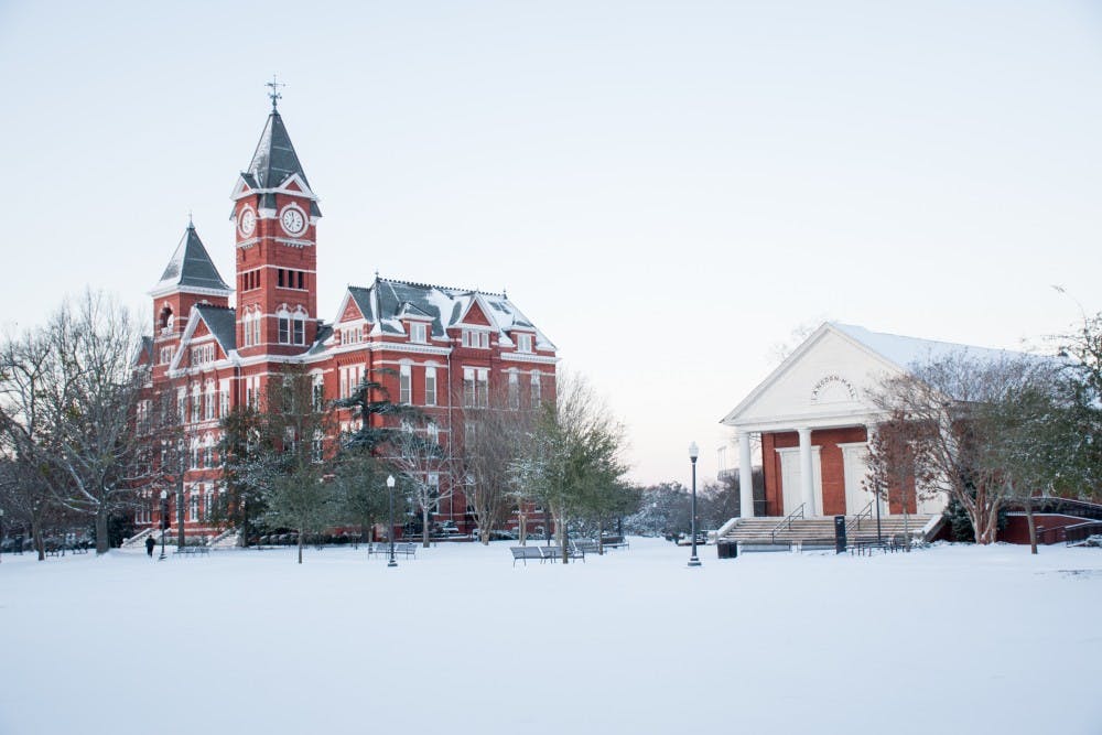 Samford Lawn is covered in snow on Wednesday, Jan. 17, 2018, in Auburn, Ala.