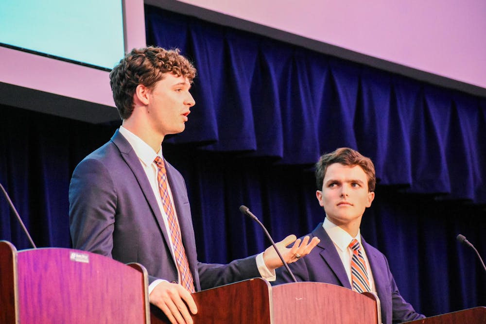 <p>Landen Childress, candidate for SGA President, speaks in at SGA debate at the Melton Student Center on Feb. 3, 2026.</p>