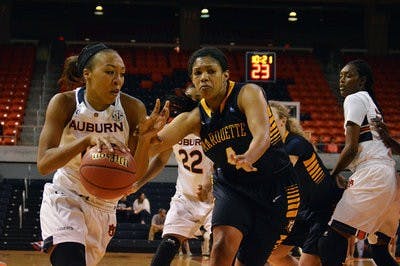 Brandy Montgomery led the way for Auburn in the first half scoring 6 points and pulling down 2 rebounds as the Tigers built a 32-30 lead heading into the locker room.