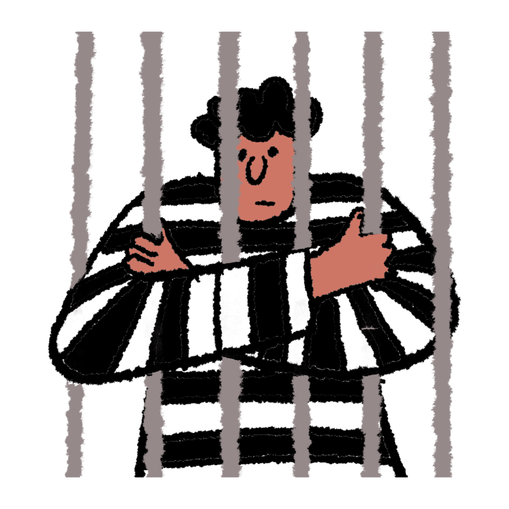 <p>Man in striped shirt holding onto bars.</p>