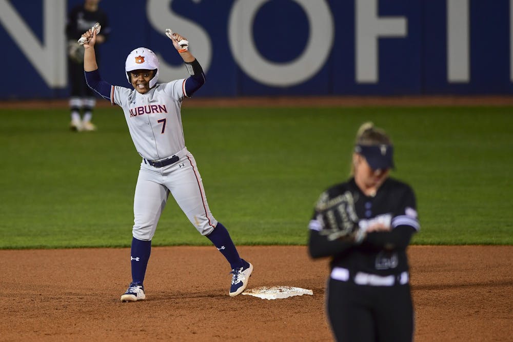 <p>Auburn Tigers Denver Bryant (7) reacts at second base during the game between Auburn and Troy at Jane B. Moore Field on Mar 4, 2021; Auburn, AL, USA. Photo via: Shanna Lockwood/AU Athletics</p>