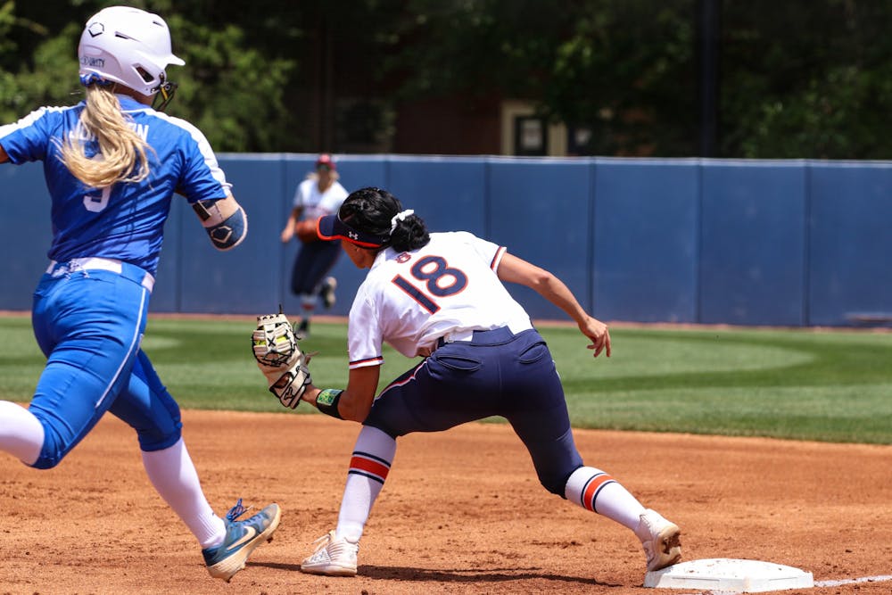 April 18, 2021; Auburn, AL, USA; Justus Perry (18) gets an out during the game between Auburn and Kentucky at Jane B. Moore Field . Mandatory Credit: Jacob Taylor/AU Athletics
