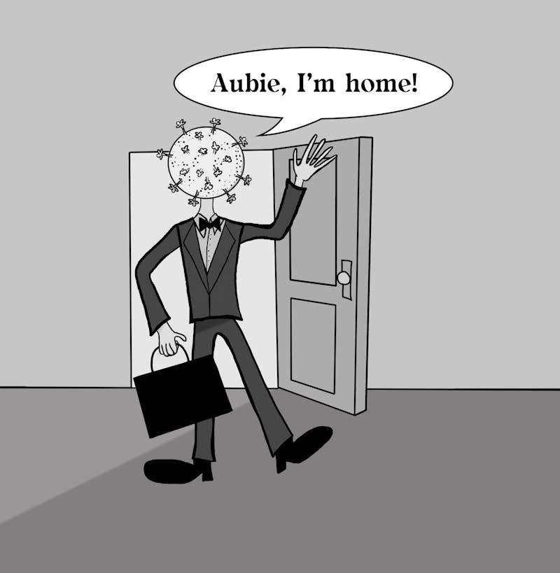 Cartoon of the COVID-19 virus as a man, saying "Aubie, I'm Home!"
