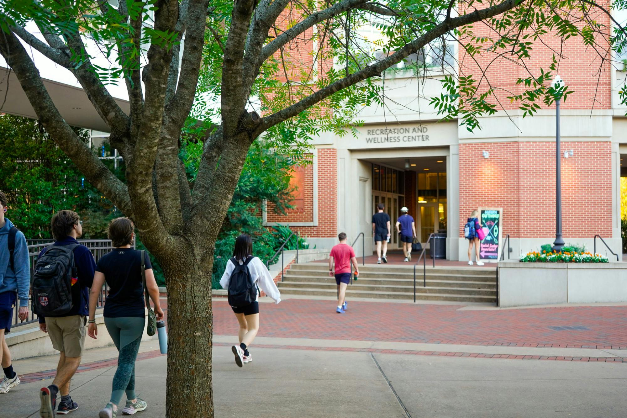 Many students are outside the Auburn University Recreation and Wellness Center. Contributed by Leanne Greene.