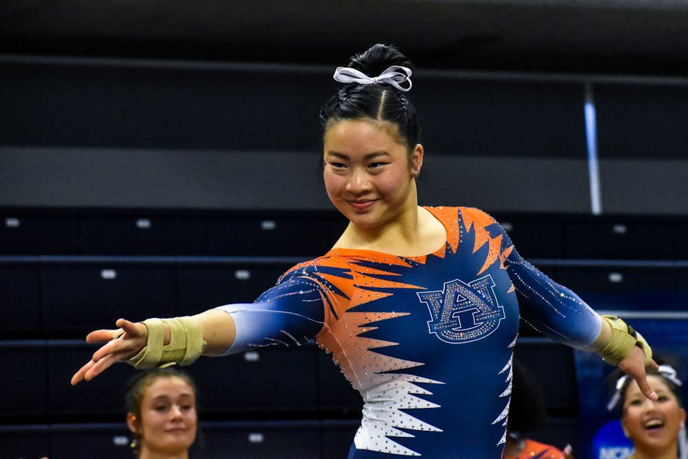 Sophia Groth performs on the floor during the Second Round of the NCAA National Collegiate Gymnastics Tournament in the Neville Arena in Auburn, AL, on March 31, 2022.