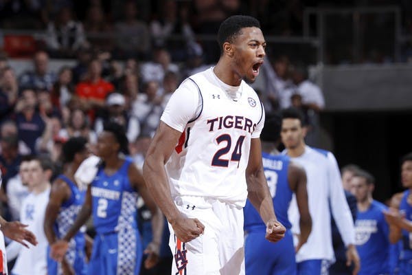 Anfernee McLemore #24 of the Auburn Tigers reacts against the Kentucky Wildcats in the first half of a game at Auburn Arena on February 14, 2018 in Auburn, Alabama.