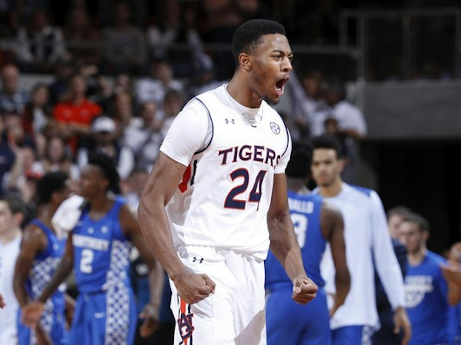Anfernee McLemore #24 of the Auburn Tigers reacts against the Kentucky Wildcats in the first half of a game at Auburn Arena on February 14, 2018 in Auburn, Alabama.