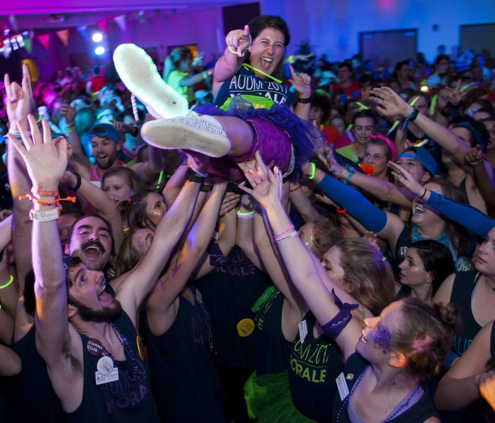 An AUDM Morale Team member crowd-surfs during the marathon. Auburn University Dance Marathon on Saturday, Feb. 11 in Auburn, AL.