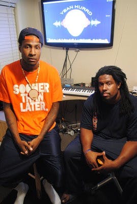 Francisco Aihe (left) and A.J. Greene write and produce songs in their home studio. (Maria Iampietro / PHOTO EDITOR)