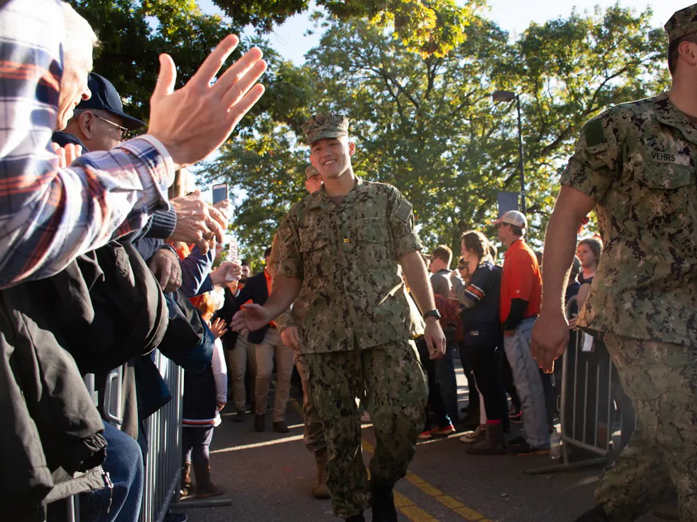 ROTC students and veterans walk the Tiger Walk for Military Appreciation day at Auburn Football vs. Ole Miss on Nov. 2, 2019, in Auburn, Ala.