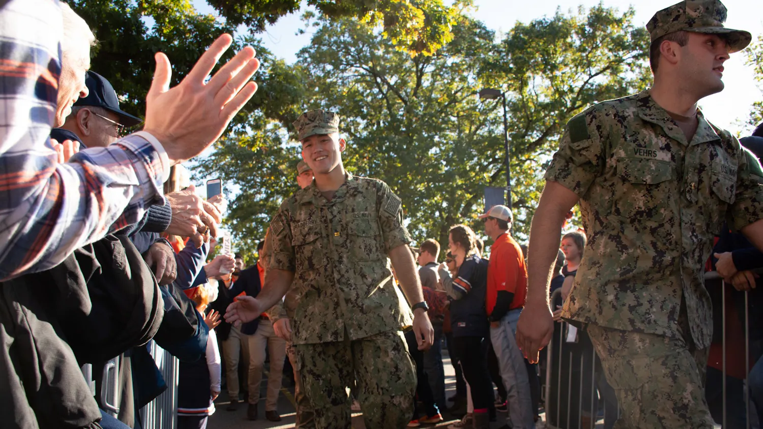ROTC students and veterans walk the Tiger Walk for Military Appreciation day at Auburn Football vs. Ole Miss on Nov. 2, 2019, in Auburn, Ala.