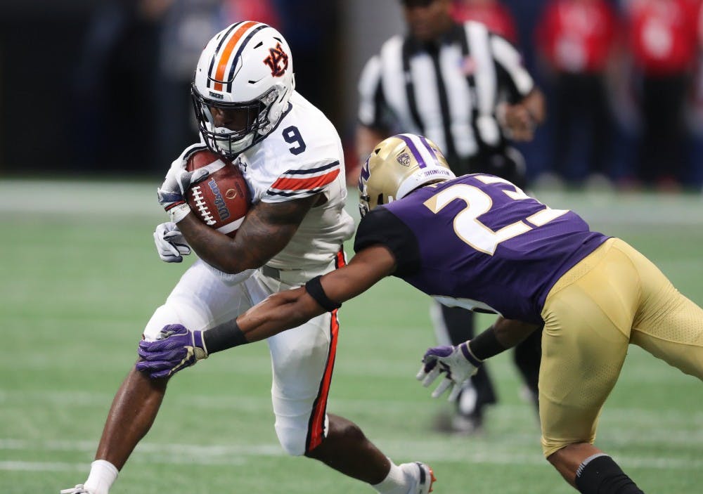 <p>Auburn running back Kam Martin (9) during the Chick-fil-A Kickoff Game at Mercedes-Benz Stadium on Saturday, Sept. 1, 2018, in Atlanta. (Chris Eason via Abell Images for Chick-fil-A Kickoff).</p>