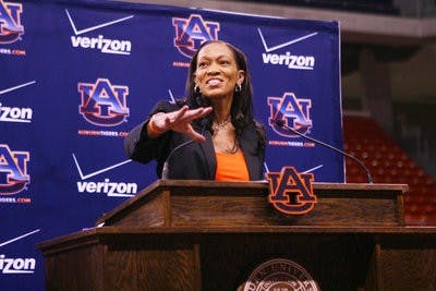 Auburn's new women's basketball coach Terri Williams-Flournoy address the media and fans Tuesday evening at Auburn Arena in her introductory press conference. Williams-Flournoy was head coach of the Georgetown Lady Hoyas for the past eight seasons. (Rebecca Croomes / PHOTO EDITOR)