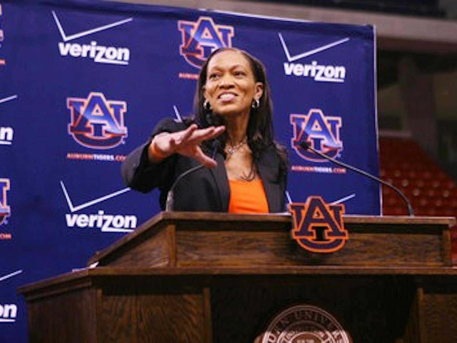 Auburn's new women's basketball coach Terri Williams-Flournoy address the media and fans Tuesday evening at Auburn Arena in her introductory press conference. Williams-Flournoy was head coach of the Georgetown Lady Hoyas for the past eight seasons. (Rebecca Croomes / PHOTO EDITOR)