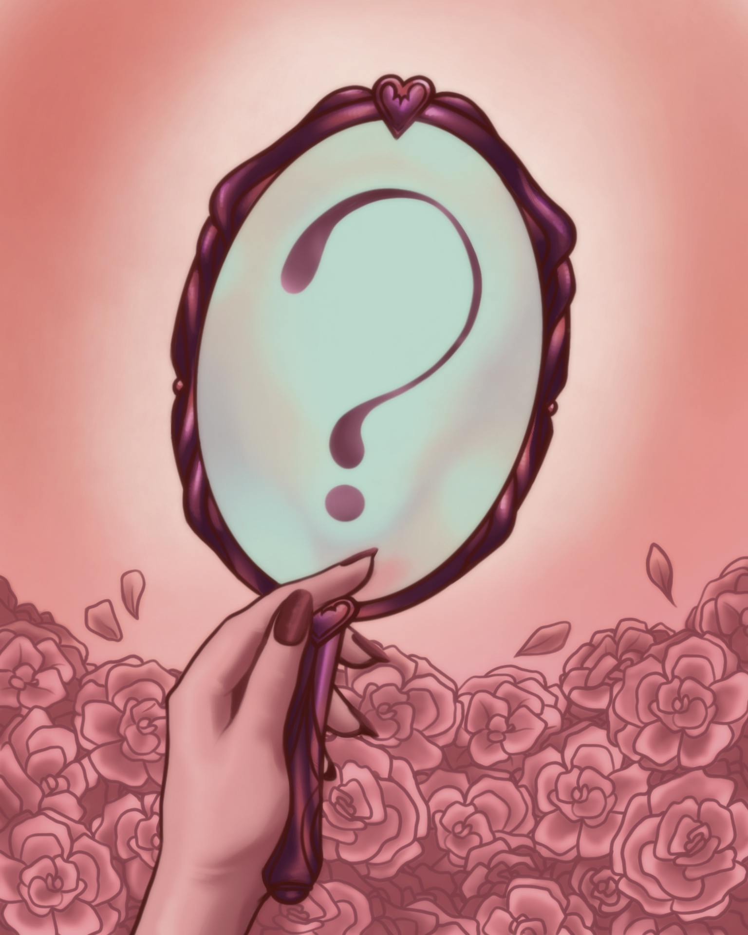 A hand holds a heart-topped mirror reflecting a large question mark, surrounded by pink roses against a soft pink background.