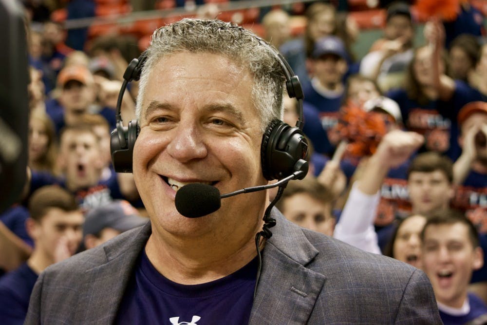 <p>Coach Bruce Pearl smiles during a post-game interview, during Auburn vs. LSU on Sat, Jan. 27, 2018.</p>