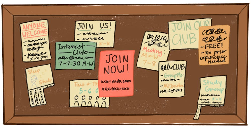 A brown billboard covered in colorful flyers telling the viewer to join their clubs. 