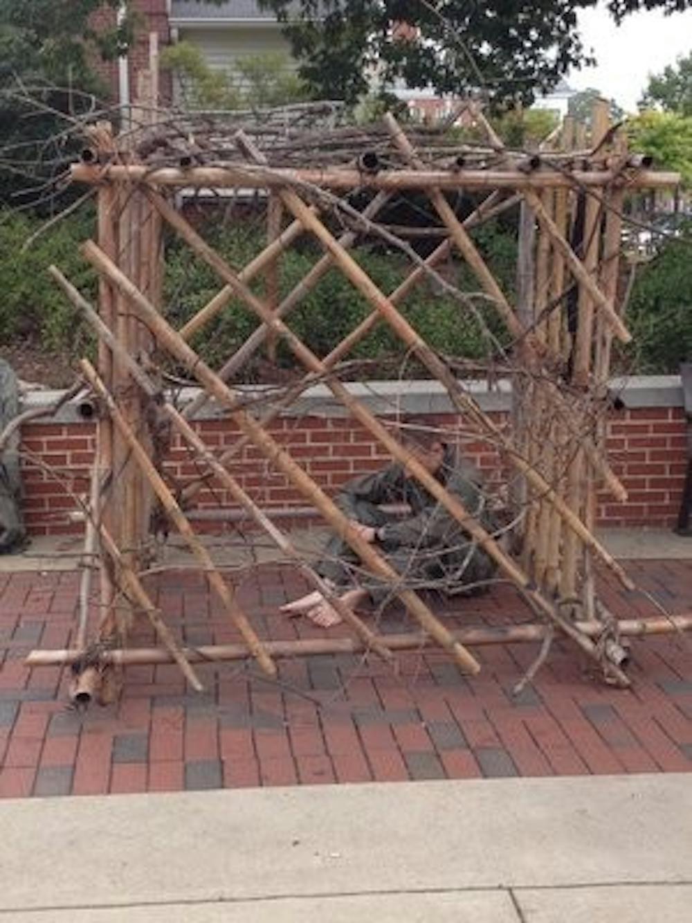 Daniel Carlin, junior in civil engineering, depicted as a POW on the concourse Monday, Oct. 21, in tribute to National POW/MIA Recognition Day. (Becky Hardy | Campus Editor)