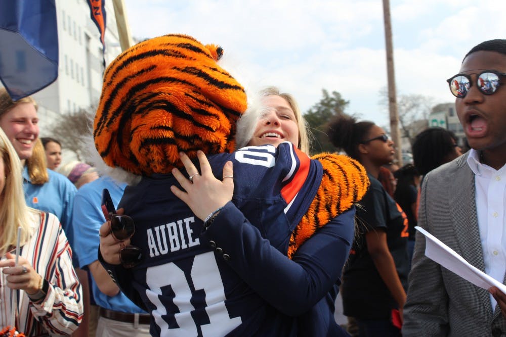 Aubie hugs incoming SGA Vice President Schyler Burney at Higher Education Day on Feb. 22, 2018, in Montgomery, Ala.