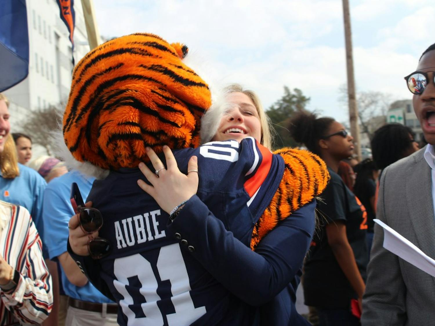 Aubie hugs incoming SGA Vice President Schyler Burney at Higher Education Day on Feb. 22, 2018, in Montgomery, Ala.