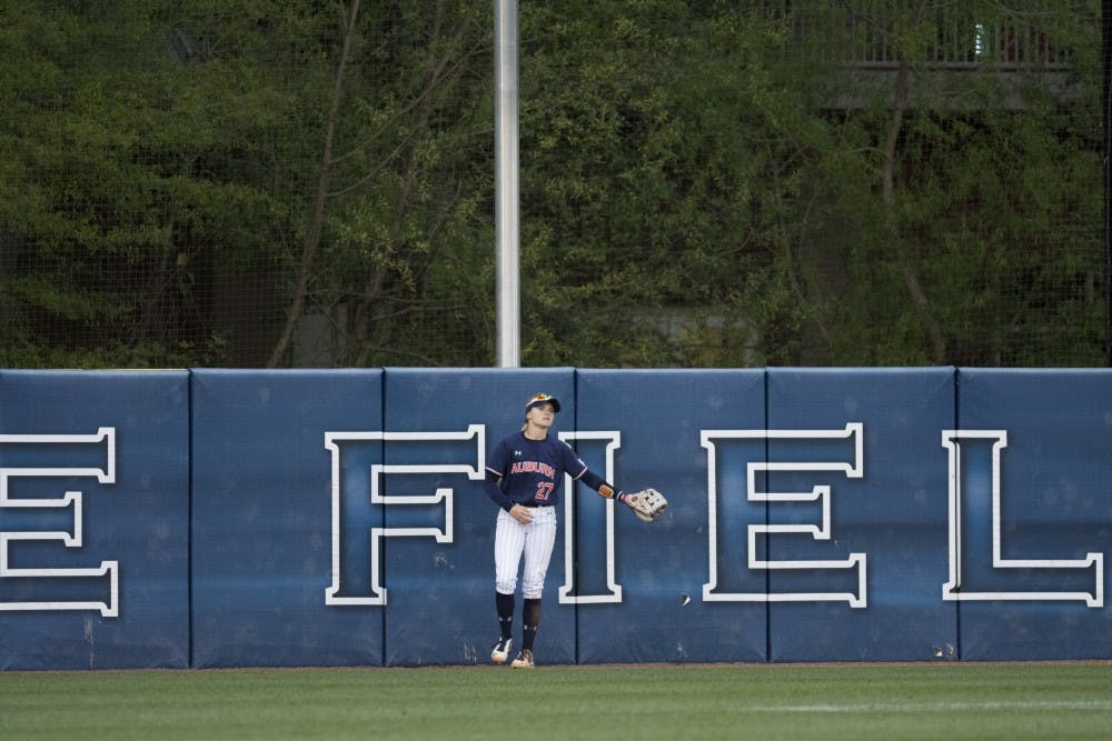 Auburn Tiger outfielder Victoria Draper (27) reacts to a Kennesaw State home run&nbsp;vs. KSU on April 4, 2018, in Auburn, Ala.