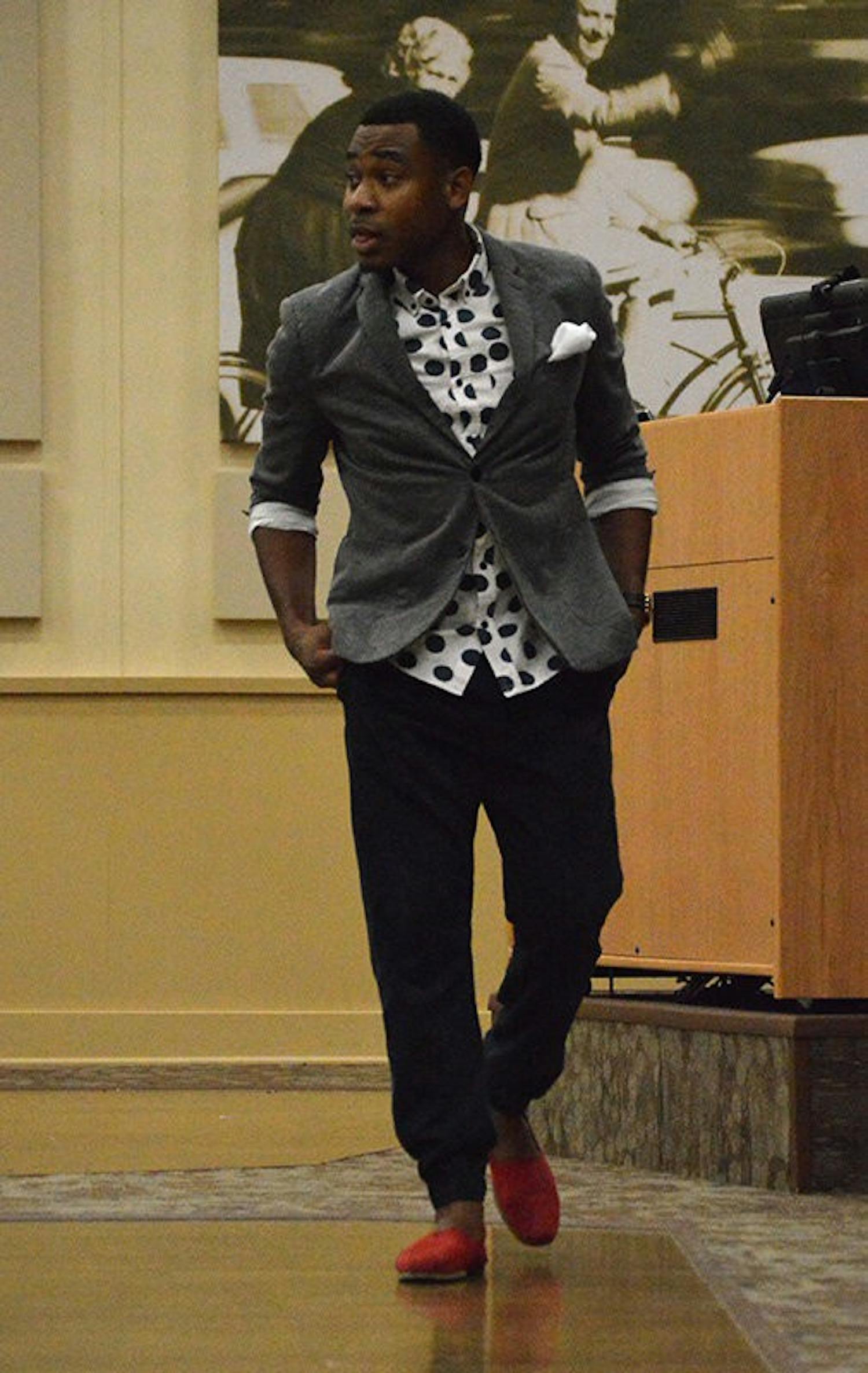 Brandon Whatley models during Kappa Chi's fashion show on Sept 24, 2014. (Emily Enfinger | Assistant Photo Editor)