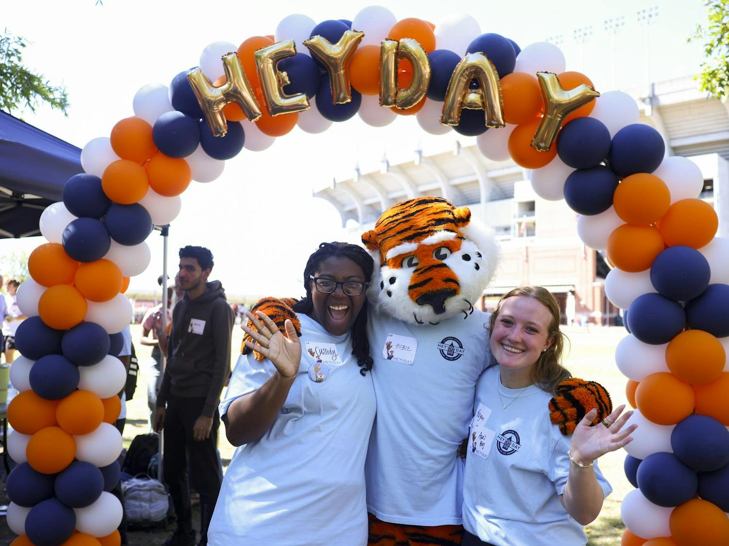 On Oct. 15, Aubie the Tiger poses with students for a photo at 2025 Hey Day pep rally. Contributed by Abigail Holbrook, Student Involvement photographer.