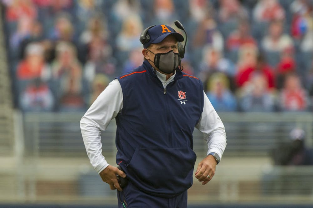 Oct 24, 2020; Oxford, Mississippi, USA; Auburn Tigers head coach Gus Malzahn during the second half against the Mississippi Rebels  at Vaught-Hemingway Stadium. Mandatory Credit: Justin Ford-USA TODAY Sports