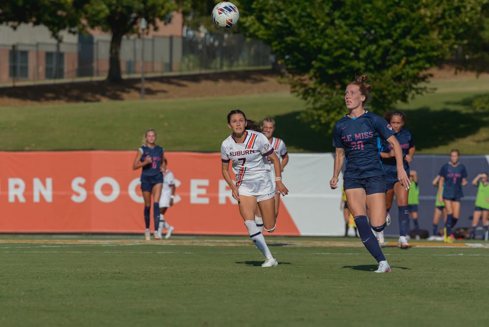 Midfielder Carly Thatcher (#7) chases the ball in a match of Auburn and Ole Miss on Sep. 25, 2022.