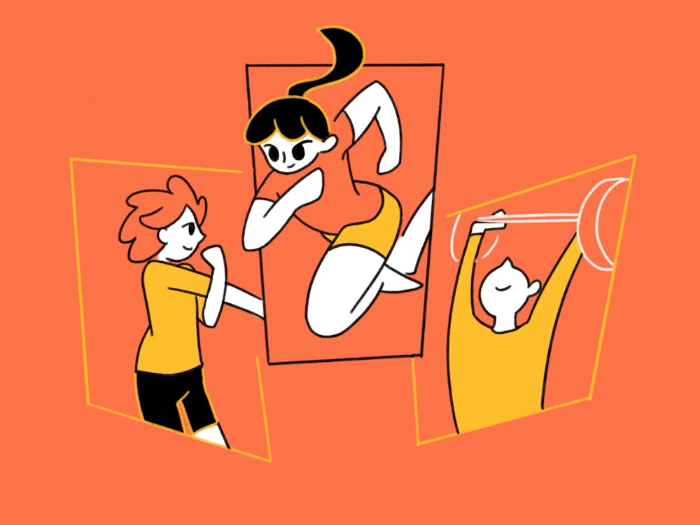 <p>Three characters in athletic poses, showcasing activities like running, weightlifting and stretching.</p>