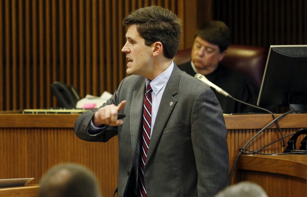Deputy Attorney General Mike Duffy points to Mike Hubbard during closing arguments for the State in the Alabama Speaker Mike Hubbard trial on Thursday, June 9, 2016  in Opelika, Ala. Todd J. Van Emst/Opelika-Auburn News/Pool