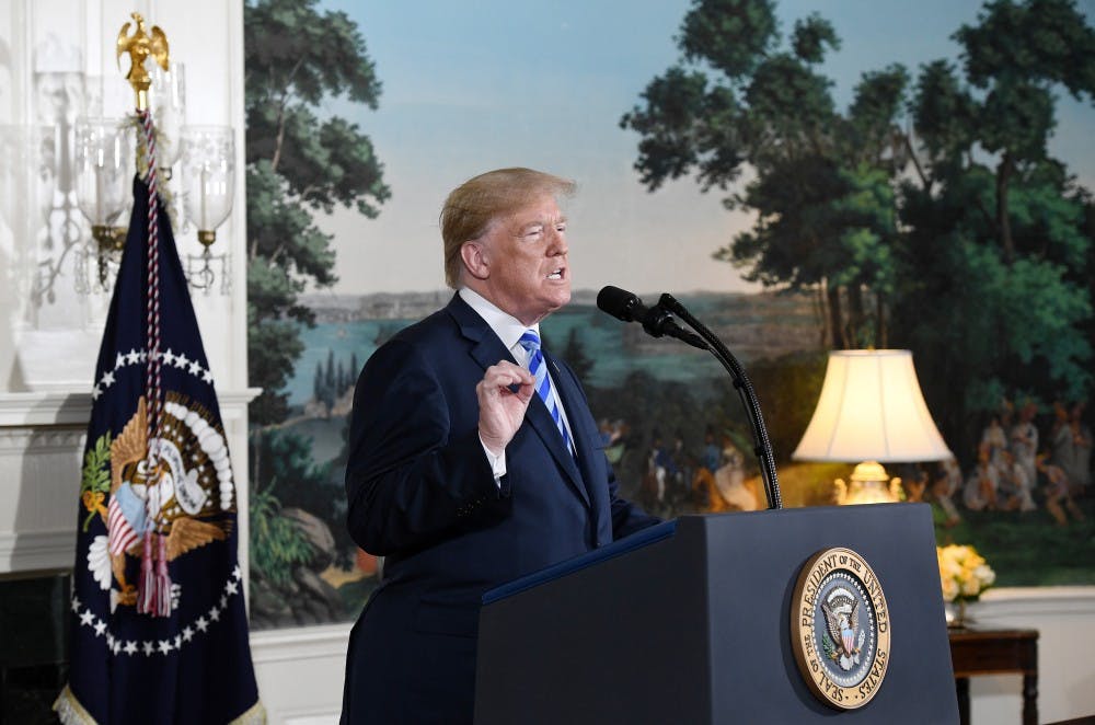 U.S. President Donald Trump speaks about  the Iran nuclear deal, also known as the Joint Comprehensive Plan of Action, during an event in the Diplomatic Room of the White House May 8, 2018 in Washington, D.C. (Olivier Douliery/Abaca Press/TNS)