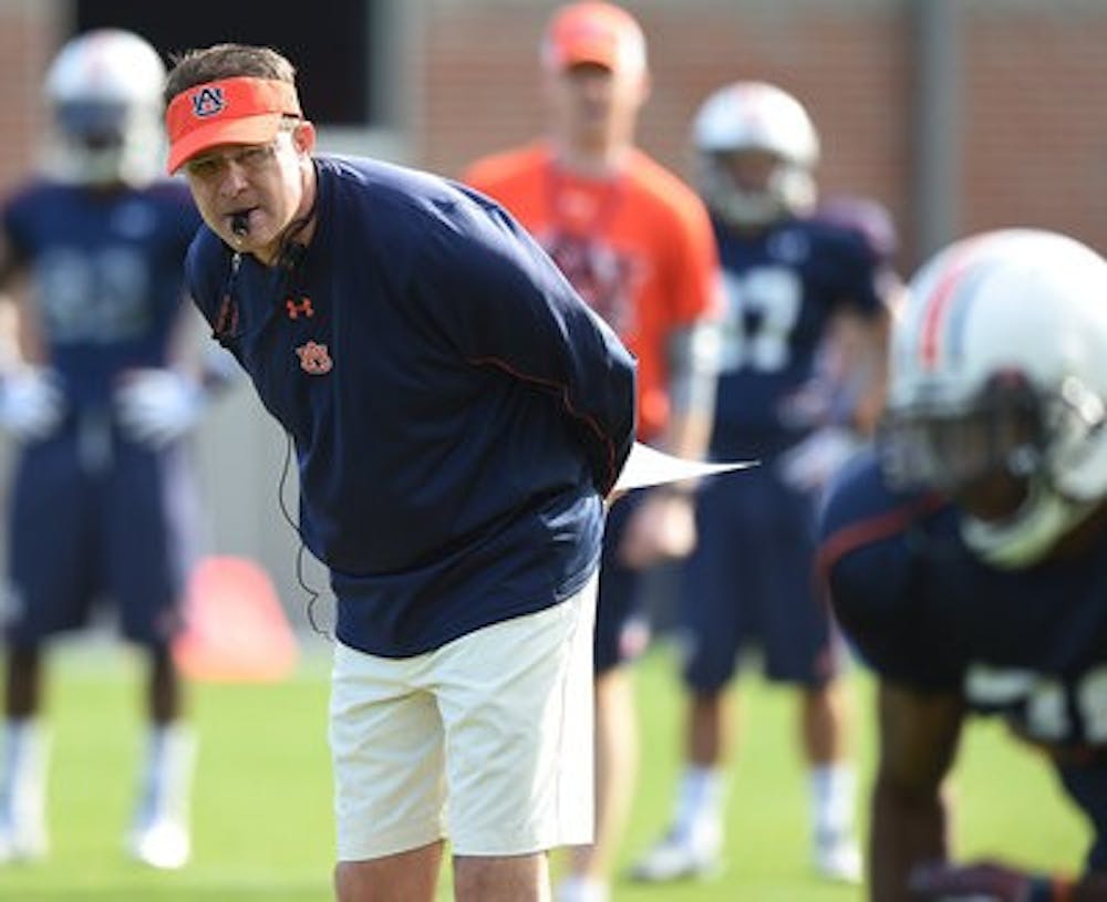 Auburn head coach Gus Malzahn oversees the Tigers' third week of spring practice. (Contributed by Lauren Barnard)