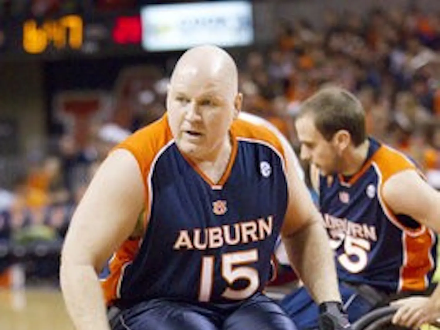 Woody Thornton defends the basket during halftime of the men's basketball game against South Carolina in Auburn Arena. (Courtesy of Jimmy Rhyne)