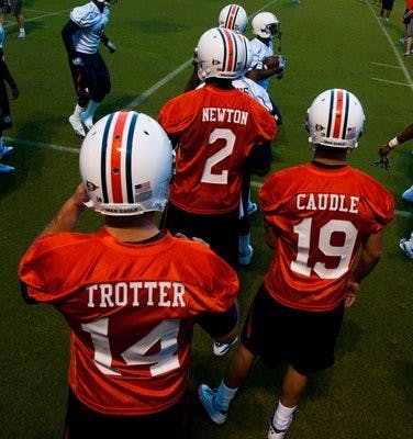 Barrett Trotter, Neil Caudle and Cam Newton line up for drills during the first fall practice. (Philip Smith/ PHOTO STAFF)