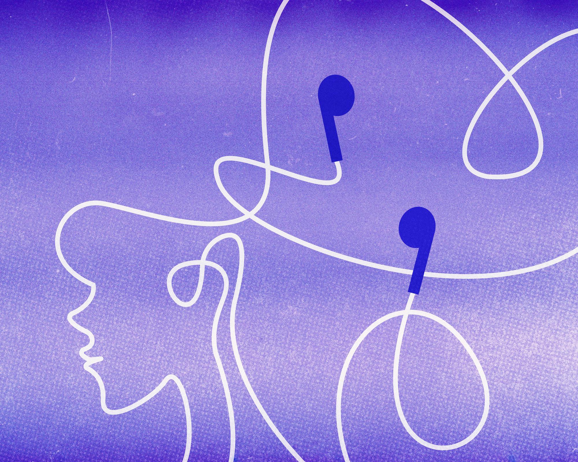 A simplistic outline of a woman's face intertwines with a pair of headphones against a gradient purple background.