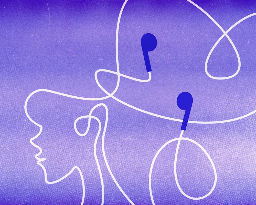 <p>A simplistic outline of a woman's face intertwines with a pair of headphones against a gradient purple background.</p>