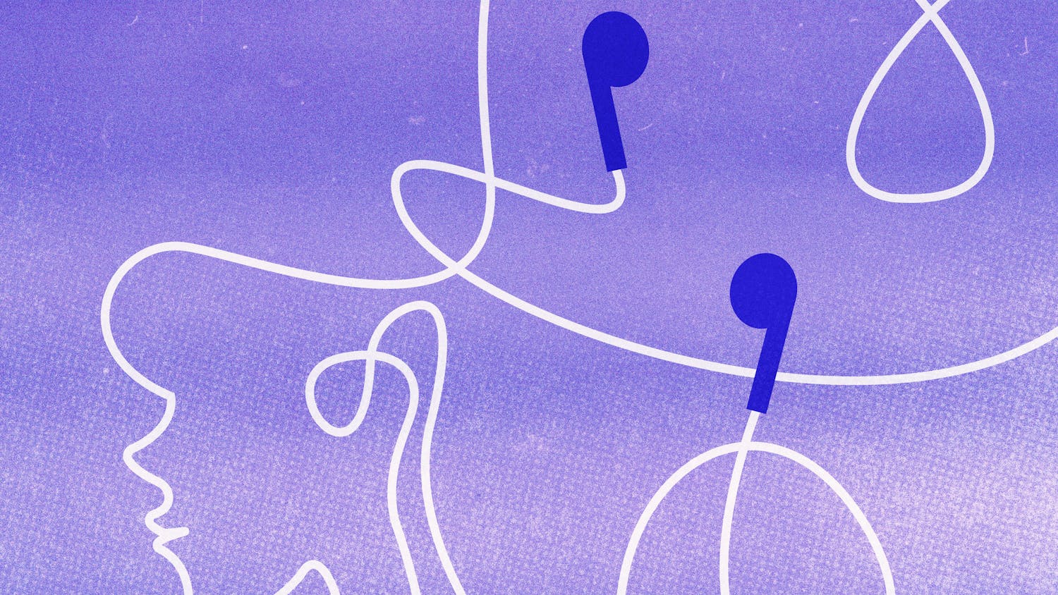 A simplistic outline of a woman's face intertwines with a pair of headphones against a gradient purple background.