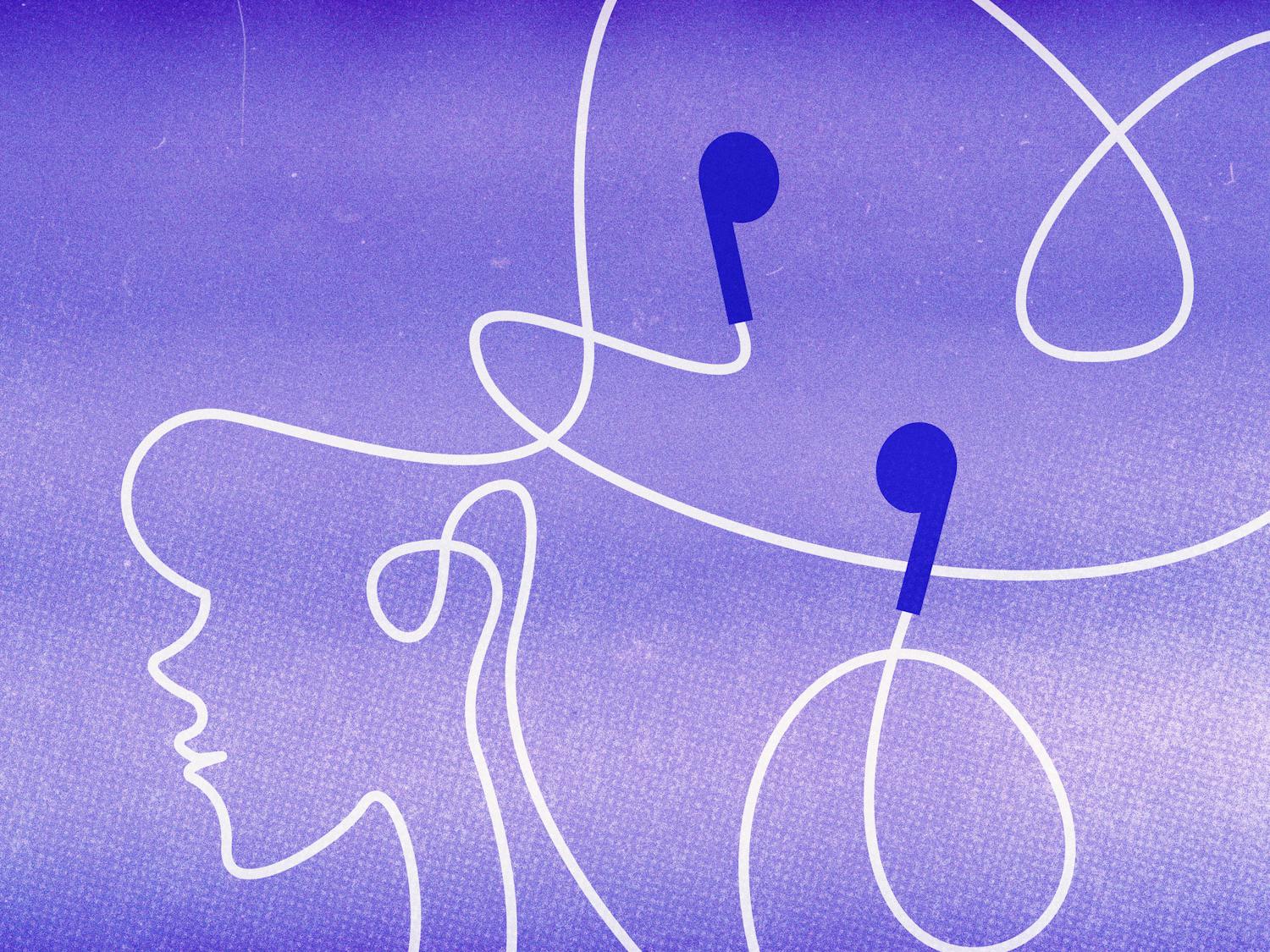 A simplistic outline of a woman's face intertwines with a pair of headphones against a gradient purple background.